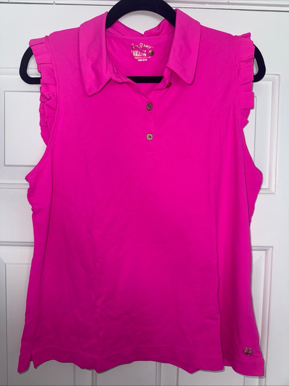 The Lilly Pulitzer Luxletic UPF50+ Frida Ruffle Short Sleeve Polo Top pink Large